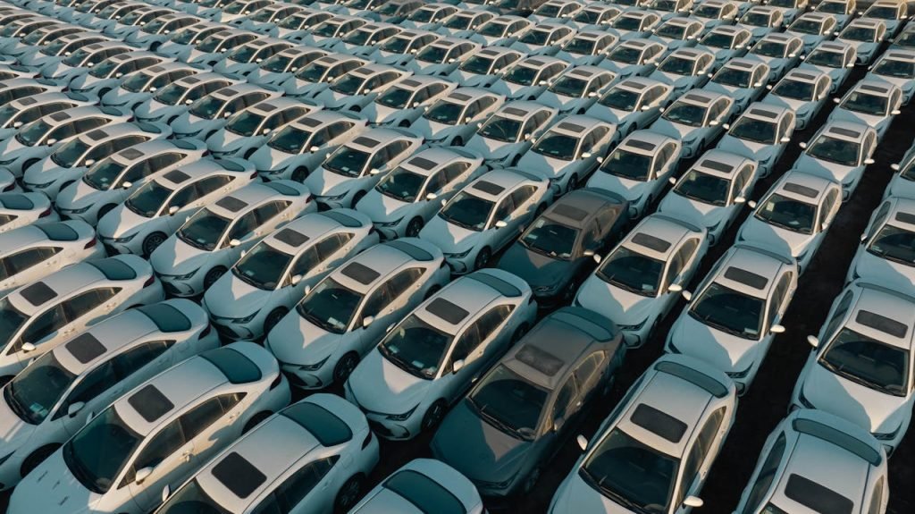 Overhead view of neatly arranged cars in a Libyan parking lot, captured at day.